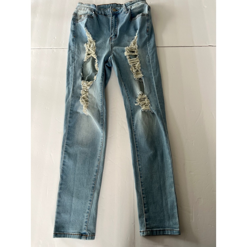 SHEIN Distressed High Waisted Skinny Jeans Light Wash Blue W27 L32